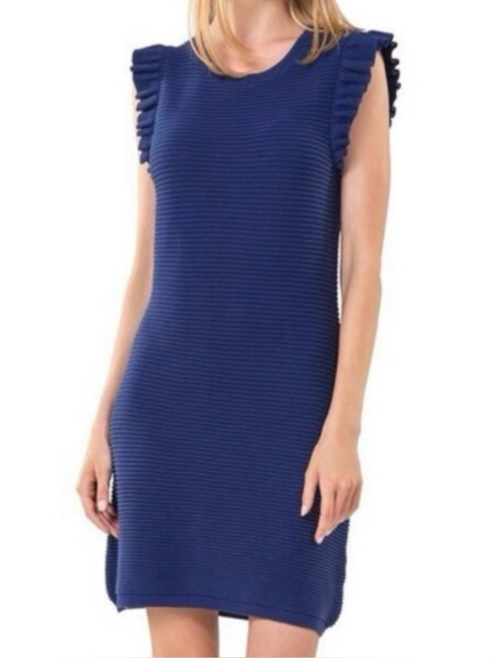 STS Sail to Sable Ruffle Sleeve Ribbed Knit Mini Dress Navy Blue Small